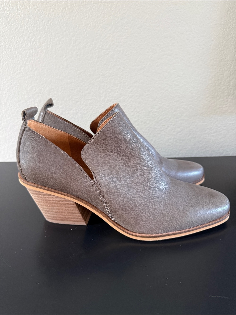Lucky Brand Victorey Taupe Leather Ankle Booties with Stacked Heel